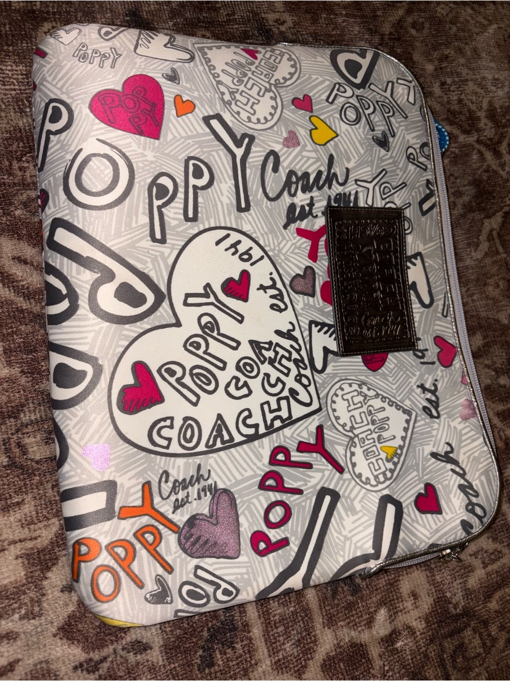 Coach Silver Poppy Graphic Heart Zip Cosmetic Pouch